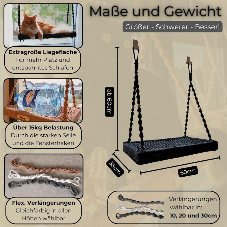 May include: A black cat window perch, 24 inches long, 14 inches wide, and at least 24 inches high, with rope hangers and wooden mounting brackets. The perch is designed to hold over 33 pounds. Additional extension ropes are available.