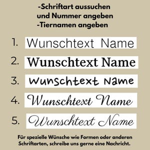 May include: A beige graphic with text in German, showcasing five font styles for personalized text. Each style is displayed with the words "Wunschtext Name". Additional text encourages inquiries for custom shapes or fonts.