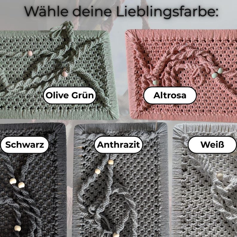 May include: An image showcasing a selection of handmade macrame items in various colors. The available colors are olive green, altrosa, black, anthracite, and white. Each piece features a unique woven design with decorative beads.