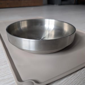 May include: A stainless steel pet bowl with a smooth, shiny finish. The bowl is sitting on a light brown silicone mat.