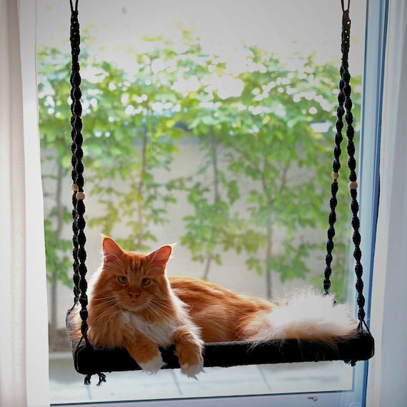 XXL Fensterliege für große Katzen | Maine Coon Katzenbett Fenster | stabile Hängematte Naturmaterial | Handmade Cat Bed