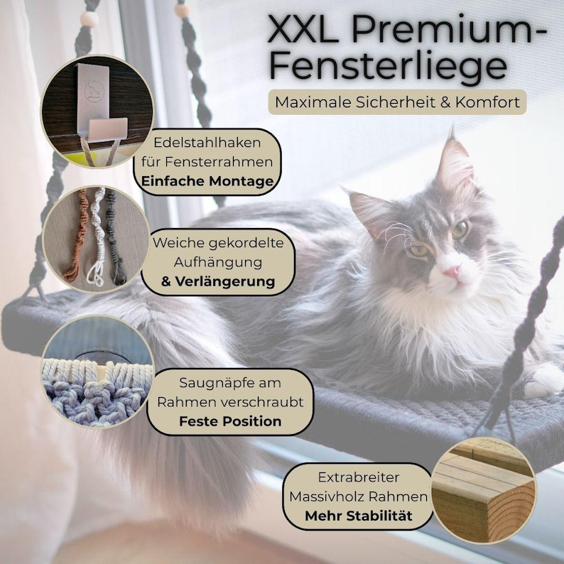 May include: A gray cat rests on a gray cat window perch. The perch has a sturdy wooden frame and is suspended by ropes. Text on the image reads "XXL Premium Fensterliege" and "Maximale Sicherheit & Komfort".