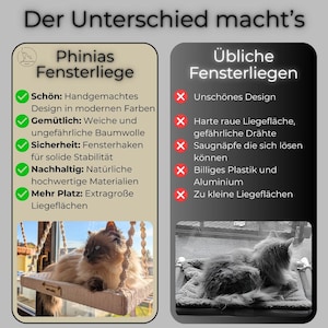 May include: A cat lounging on a handmade, extra-large window perch made with natural materials. The perch is suspended by rope and features a modern design. Text in German highlights the perch's features and contrasts it with other window perches.
