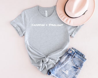 Campfire &Starlight, camiseta de mujer juguetona, camiseta gráfica linda, camisa de manga corta, top casual, ropa de fin de semana, al aire libre
