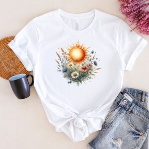 Sun and Wildflower Design, Sun Graphic Tee, Meadow Flower Shirt, Watercolor Floral Top, Botanical T-shirt, Gift For Her