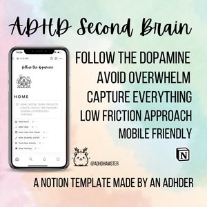 Puede incluir: Una captura de pantalla de una plantilla de Notion para TDAH, titulada "ADHD Second Brain". La plantilla está diseñada para ayudar a los usuarios a seguir el ciclo de dopamina, evitar la sobrecarga, capturar todo y utilizar un enfoque de baja fricción. La plantilla es amigable para dispositivos móviles e incluye funciones como una página de inicio, notas, tareas, proyectos, hábitos, objetivos, un rastreador de tiempo, un diario, hiperenfoque y un horario.