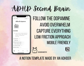 ADHD Second Brain | Life Planner | Organizer | Notion Template | Mobile Friendly | Tasks | Notes | Journal | Habit Tracker | Time Tracker