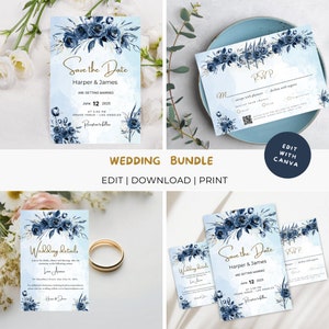 Bundle wedding invitation, Qr code Rsvp, Wedding Invitation Royal Blue and Gold, Blue Wedding Invitation Set, printable invitation, Details