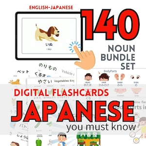 140 schede didattiche digitali con nomi giapponesi, pratica del vocabolario inglese-giapponese, set di esercizi vocali giapponesi, lingua giapponese per principianti