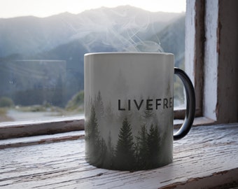 LiveFree Mug, with forest and logo.