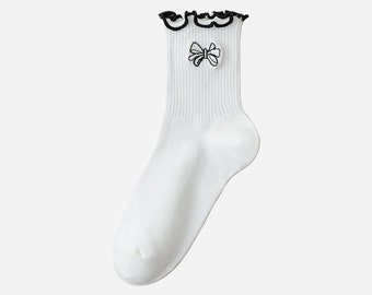 Women Socks Breathable & Comfortable Soft Cotton Black Bow and Ruffle Design