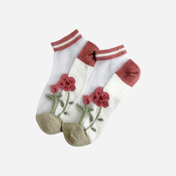 Summer Blooms: Sheer Floral Embroidered Ankle Socks for Trendy Women | Pink Summer Socks | Comfortable Socks | Gift Socks | Breathable Socks