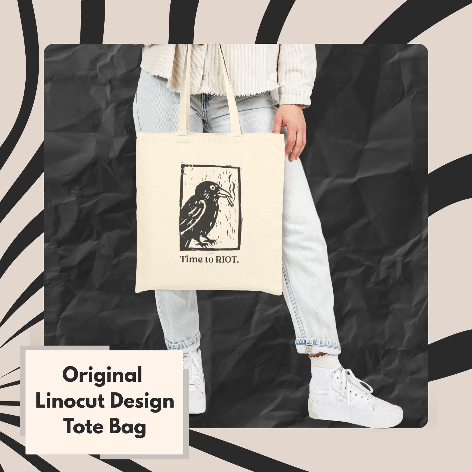 Premium Canvas Tote Bag With Handcarved Linocut Smoking Crow Design "Time to RIOT!" - Leftist Riot Design, Punk & Alt Aesthetic Tote Bag