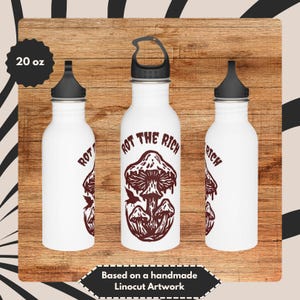 Rot the Rich Water Bottle: Linocut Mushroom Crow Design - Punk Goth Flask