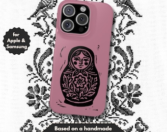 Matryoshka Handyhülle für iPhone & Samsung, Feministischer Linolschnitt, Kunstdruck, Russische Puppe Cover, Schlanke und Matte Handyhülle, Geschenk für Sie
