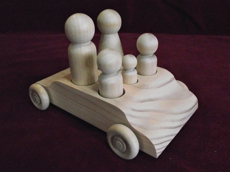 Large Family Sedan Plus 1 with Large Peg Dolls, Unfinished Wood image 1