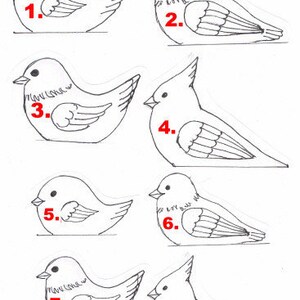 Puede incluir: Un dibujo en blanco y negro de siete p&aacute;jaros con los n&uacute;meros del 1 al 7. Los p&aacute;jaros est&aacute;n en varias poses, algunos miran hacia adelante, otros miran hacia un lado y otros miran hacia atr&aacute;s. Todos los p&aacute;jaros est&aacute;n dibujados en un estilo simple.