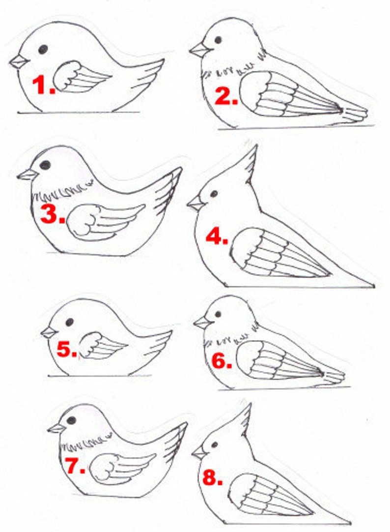 Puede incluir: Un dibujo en blanco y negro de siete p&aacute;jaros con los n&uacute;meros del 1 al 7. Los p&aacute;jaros est&aacute;n en varias poses, algunos miran hacia adelante, otros miran hacia un lado y otros miran hacia atr&aacute;s. Todos los p&aacute;jaros est&aacute;n dibujados en un estilo simple.