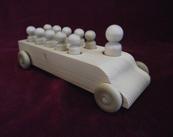 Original Bus with Peg Dolls, Unfinished Pine Bus with Unfinished Hardwood Passengers
