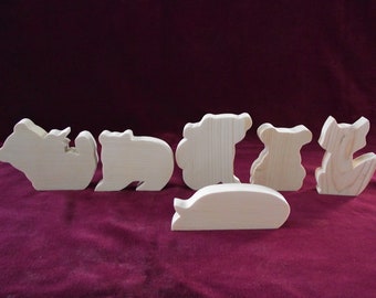 Fox, Koala and Panda, Set of 6 Cutie Pie Critters, Unfinished Pine Blanks