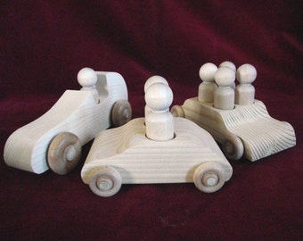 Set of Three Cars with Peg People, Unfinished Pine and Hardwood