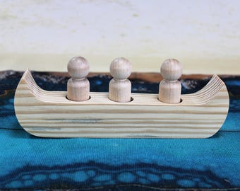 Family Canoe for 3, Unfinished Wood Toy with Peg Dolls