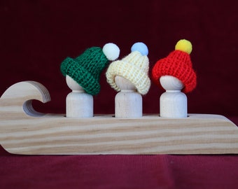 Wood Sled for Peg Dolls with Knit Hats