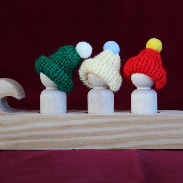 Wood Sled for Peg Dolls with Knit Hats