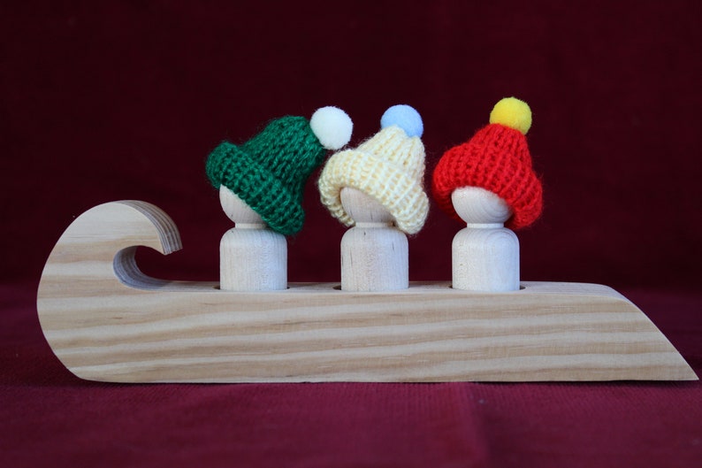 Wood Sled for Peg Dolls with Knit Hats image 1