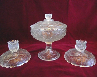 Fenton Crystal Velvet Water Lily, Candle Sticks and Candy Dish, pm579  ON SALE NOW!