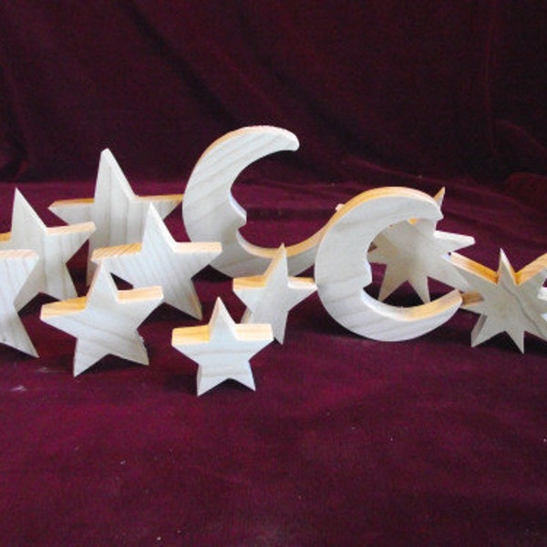 Moon and Stars, 11 Piece Assortment of  Unfinished Pine Cutouts