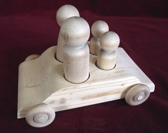 Large Family Sedan with Large Peg Dolls, Unfinished Wood