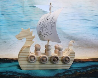 Viking Dragon Ship with Peg Dolls, Unfinished Wood
