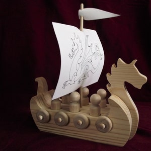Viking Dragon Ship with Peg Dolls, Unfinished Wood