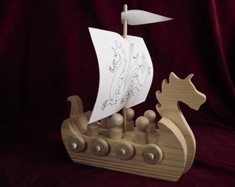 New Viking Dragon Ship with Peg Dolls, Unfinished Wood