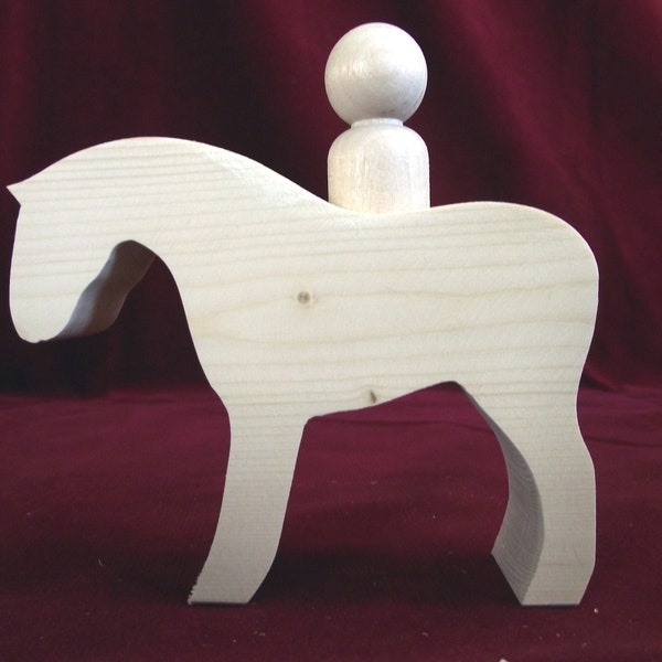 Large Chunky Horse with Peg Doll Rider, Unfinished Pine