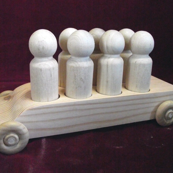 Bus #4 WITH 7 of the Hardwood Tall Man Peg Dolls, unfinished pine and hardwood