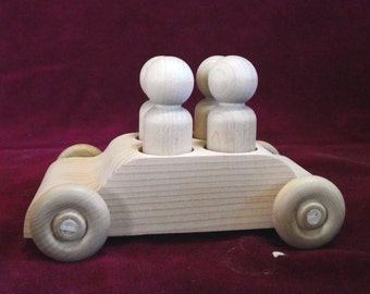 Original 4-Seater Car with 4 Peg Doll Passengers, Unfinished Pine and Hardwood