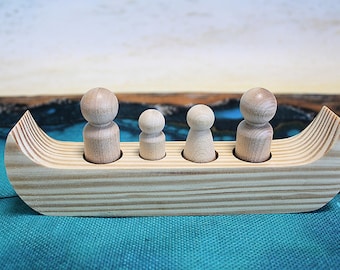 Family Canoe for 4 with Peg Dolls, Unfinished Pine and Hardwood
