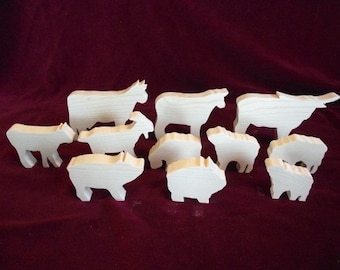 Farm Set 2, Cows, Sheep, Pigs and a Goat  Unfinished Pine Cutouts