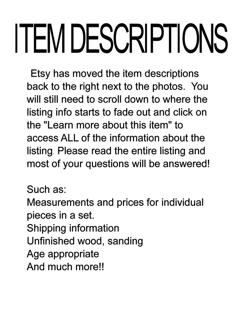 Puede incluir: Texto que explica que Etsy ha movido las descripciones de los art&iacute;culos a la derecha de las fotos. Tambi&eacute;n explica que deber&aacute; desplazarse hacia abajo hasta que la informaci&oacute;n de la lista comience a desvanecerse y hacer clic en "M&aacute;s informaci&oacute;n sobre este art&iacute;culo" para acceder a toda la informaci&oacute;n. Tambi&eacute;n enumera algunos ejemplos de informaci&oacute;n que se incluye en las descripciones de los art&iacute;culos, como las medidas, los precios, la informaci&oacute;n de env&iacute;o y la edad apropiada.
