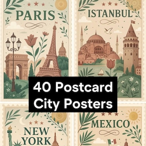 40 pósteres vintage de ciudades: París, Estambul, Nueva York, México y más / Set de impresiones de arte mural de viajes generado por IA
