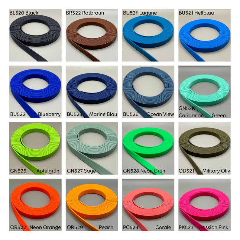 May include: A collection of sixteen coiled strips of flat material in various colors, including black, brown, blue, green, orange, and pink. Each coil is labeled with a specific code and color name, such as BL520 Black, BU522 Blueberry, and PK523 Passion Pink.