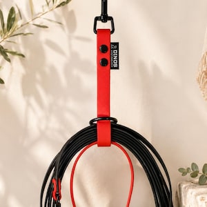 May include: A red dog leash with a black metal swivel snap hook and a black ring. The leash features a black tag with the white text DINOS PFOTENBLOCK. The strap is secured with two black rivets and holds a coiled black cord with red accents.