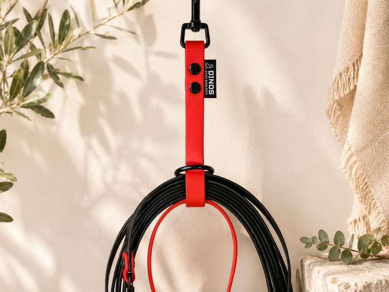 May include: A red dog leash with a black metal swivel snap hook and a black ring. The leash features a black tag with the white text DINOS PFOTENBLOCK. The strap is secured with two black rivets and holds a coiled black cord with red accents.