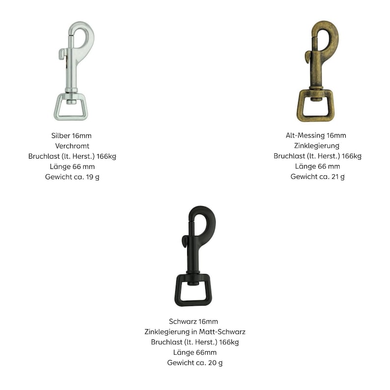 May include: Three metal swivel snap hooks in silver, antique brass, and matte black finishes. Each hook measures 66 mm in length with a 16 mm base width. The silver hook weighs 19 g, the antique brass hook weighs 21 g, and the black hook weighs 20 g.