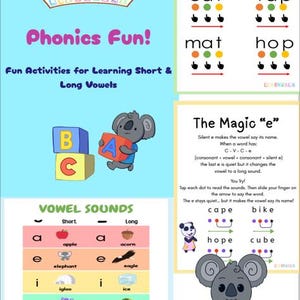 May include: Educational poster with the text "Phonics Fun!" and "Fun Activities for Learning Short & Long Vowels." Features koala bear illustrations, CVC word examples, and vowel sound charts. Includes the text "The Magic 'e'" with examples.