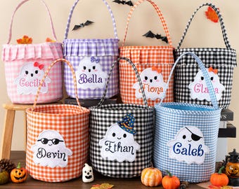Personalized Halloween Basket, Gingham Trick or Treat Bag, Ghost Appliqué