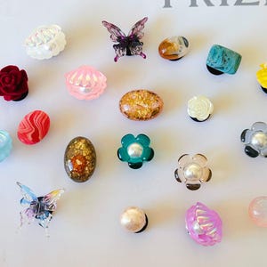 Peut inclure: Une collection de breloques décoratives pour chaussures de différentes formes et couleurs. Les breloques comprennent des papillons, des fleurs, des coquillages et des motifs ovales. Les couleurs incluent le rouge, le rose, l'or, le bleu et le transparent. Chaque breloque a une base noire.