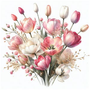 Könnte beinhalten: Aquarell-Illustration eines Tulpenstraußes in Rosa, Weiß und Pfirsich. Die Blumen haben zarte Blütenblätter und sind mit goldenem Glitzer verziert. Das Arrangement umfasst Knospen und Blätter auf weißem Hintergrund.